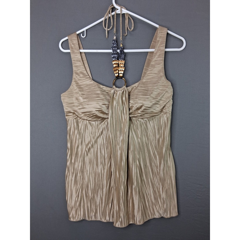 BCX Pleated Halter Top Womens Medium Champagne Gold Beaded O-Ring neckline